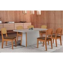 Mesa Cozinha Tilia c/ Tampo Madeirado c/ Vidro Canto Curvo 180x90cm e 6 Cadeiras Havana Premium Naturale/Off White - Suede Marrom-Rufato Mesa Cozinha Tilia c/ Tampo Madeirado c/ Vidro Canto Curvo 180x90cm e 6 Cadeiras Havana Premium Naturale/Off White - Suede Marrom-Rufato