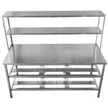Mesa de Aço Inox Industrial 110x70x90 com 2 Prateleiras Fenestradas e Apoio Mesa de Aço Inox Industrial 110x70x90 com 2 Prateleiras Fenestradas e Apoio