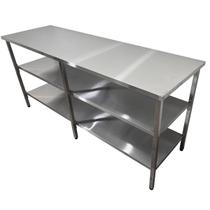 Mesa de Aço Inox Industrial 150x60x90 cm com 2 Prateleiras Plano Liso Nortinox