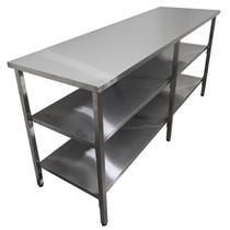 Mesa de Aço Inox Industrial 190x70x90 cm com 2 Prateleiras Plano Liso Nortinox Mesa de Aço Inox Industrial 190x70x90 cm com 2 Prateleiras Plano Liso Nortinox
