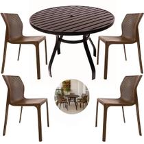 Mesa de Alumínio Redonda 90cm com Tampo Ripado e 4 Cadeiras Laryssa em Polipropileno para Varanda Mesa de Alumínio Redonda 90cm com Tampo Ripado e 4 Cadeiras Laryssa em Polipropileno para Varanda