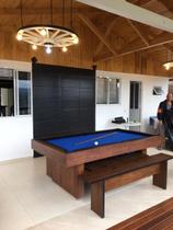 Mesa de Bilhar e Jantar com Bancos Sedução Carlin Bilhares Superfície em Pedra de Ardósia 20mm 2,20 x 1,20 Freijó Tecido Azul Bordas Pretas