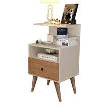 Mesa de Cabeceira 1 Gaveta Pés Retrô- Off White / Madeiro