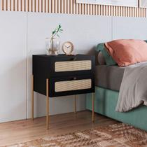 Mesa de Cabeceira 2 Gavetas Palhinha Nero/Dourado