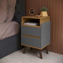 Mesa de Cabeceira 2 gavetas Verona para quarto com pés retrô - Cinza com Nature