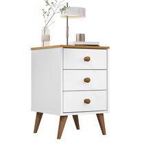 Mesa de Cabeceira 3 Gavetas MDF Retro Pés em Madeira Agata Cor:Branco Nature