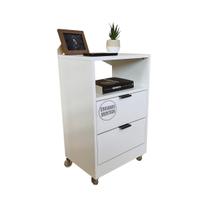 Mesa De Cabeceira 40cm Branco 2 Gavetas 1 Nicho Com Rodinhas Quarto Cama (Montada) (Puxador Preto)