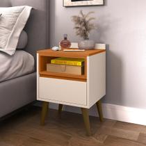 Mesa de Cabeceira Any com pés palito e 1 gaveta e para quarto - Off White com Cedro