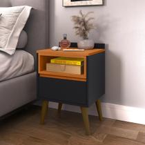 Mesa de Cabeceira Any com pés palito e 1 gaveta e para quarto - Preto com Cedro