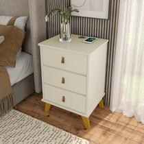 Mesa de Cabeceira com 3 Gavetas e Carregador por Indução com Puxadores em Couro Estilo e Praticidade