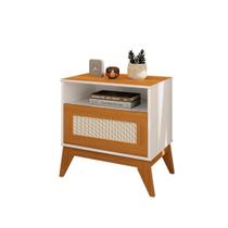 Mesa de Cabeceira CY Estilo Retrô e Gaveta Com Acabamento em Tela Ratan Cor Off White / Cedro