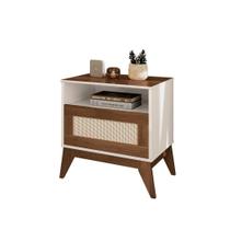 Mesa de Cabeceira CY Estilo Retrô e Gaveta Com Acabamento em Tela Ratan Cor Off White / Nogueira