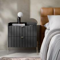 mesa de cabeceira em madeira mdf com puxadores e pés em ferro estilo classico champagne moriah 60cm com 2 gavetas