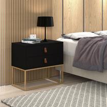 Mesa De Cabeceira Estilo Industrial 2 Gavetas Puxador em Couro Base de Ferro Dourado