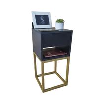 Mesa de Cabeceira Estilo Industrial 30cm Preto Gaveta e Nicho Pés Ferro Dourada Quarto Lateral Cama Mesa de Cabeceira Estilo Industrial 30cm Preto Gaveta e Nicho Pés Ferro Dourada Quarto Lateral Cama