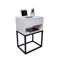 Mesa de Cabeceira Estilo Industrial 40cm Branco Gaveta e Nicho Pés Ferro Preto Quarto Lateral Cama - FL DECOR