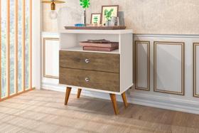 Mesa de Cabeceira Estilo Retrô STAR 2 Gavetas Pés em Madeira Cor Off White / Jequitiba