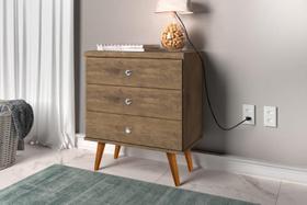 Mesa de Cabeceira Estilo Retrô STAR 3 Gavetas Pés em Madeira Cor Jequitiba