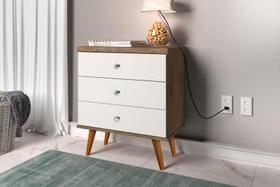 Mesa de Cabeceira Estilo Retrô STAR 3 Gavetas Pés em Madeira Cor Jequitiba / Off White Mesa de Cabeceira Estilo Retrô STAR 3 Gavetas Pés em Madeira Cor Jequitiba / Off White