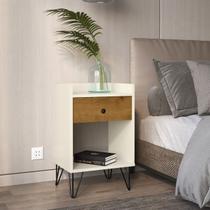 Mesa de Cabeceira Gab Estilo Retrô Pés de Ferro cor Off White com Freijó - Comprar Moveis Em Casa Mesa de Cabeceira Gab Estilo Retrô Pés de Ferro cor Off White com Freijó - Comprar Moveis Em Casa