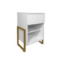 Mesa de Cabeceira Gaya Branco 1 Gaveta Base Metálica Dourada - Vallisa Decor Mesa de Cabeceira Gaya Branco 1 Gaveta Base Metálica Dourada - Vallisa Decor