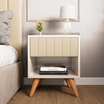 Mesa de Cabeceira Glamur Perola Decor Pé Madeira Gaveta Estofada Corrediça Telescopica-Jc Moveis