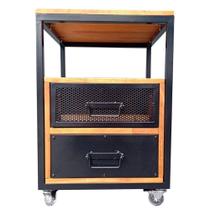 Mesa de Cabeceira Industrial de Ferro Preto e Madeira Cor Castanheira com 2 Gavetas e 4 Rodízios Mesa de Cabeceira Industrial de Ferro Preto e Madeira Cor Castanheira com 2 Gavetas e 4 Rodízios