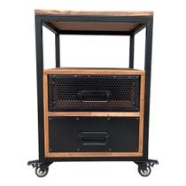 Mesa de Cabeceira Industrial de Ferro Preto e Madeira Cor Imbuia com 2 Gavetas e 4 Rodízios Mesa de Cabeceira Industrial de Ferro Preto e Madeira Cor Imbuia com 2 Gavetas e 4 Rodízios