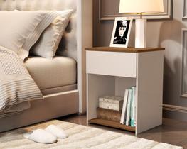 Mesa de Cabeceira Jasmim com 1 gaveta para quarto de solteiro ou casal - Off White com Freijó Mesa de Cabeceira Jasmim com 1 gaveta para quarto de solteiro ou casal - Off White com Freijó