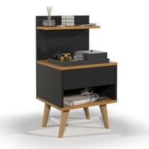 Mesa de Cabeceira Madeira Cama Box Casal Quarto 1 Gaveta com Puxador Estilo Concha e Pés Palito Retrô Charme Decoração - Preto/Nature