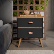 Mesa de Cabeceira Madero New com 2 gavetas e pés retrô palito - Preto com Freijó Mesa de Cabeceira Madero New com 2 gavetas e pés retrô palito - Preto com Freijó