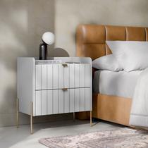 mesa de cabeceira mdf grande para quarto moriah 60cm largura com 2 gavetas puxador e pé de metal dourado design vintage