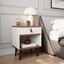 Mesa de Cabeceira Mesinha Para Quarto 1 Gaveta Puxador em Couro Ravenna - Off White com Freijó Mesa de Cabeceira Mesinha Para Quarto 1 Gaveta Puxador em Couro Ravenna - Off White com Freijó
