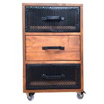 Mesa de Cabeceira Modelo Industrial - Madeira cor Imbuia e Ferro em Preto - Com 3 Gavetas e 4 Rodízios