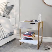 Mesa de Cabeceira Mordomo Lateral Cama Com 1 Gaveta Branco / Dourado