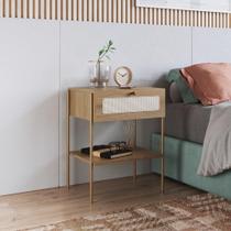 Mesa de cabeceira oslo 1 gaveta palhinha hanover ou nero base metal dourada 48cm - artesano