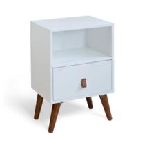 Mesa de Cabeceira para Quarto 1 Gaveta com Puxador de Material Sintético Retrô Cor Laca Branca e Amêndoa