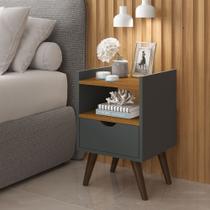 Mesa de Cabeceira para quarto Alice com pés estilo retrô moderno 1 gaveta - Cinza com Freijó