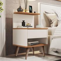 Mesa de Cabeceira para Quarto com 1 Gaveta e Pés Retrô Sleep - Off White com Freijó