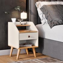 Mesa de Cabeceira para Quarto Retrô 1 Gaveta Puxador Rose Dakota - Off White/ Freijó