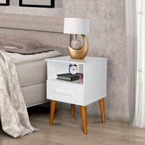 Mesa de Cabeceira PER Estilo Retrô Com Pés em Madeira 1 Gaveta Cor Branco