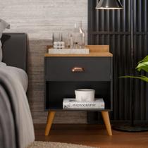 Mesa de Cabeceira Pérola New com pés estilo retrô para quarto com 1 gaveta - Preto com Freijó