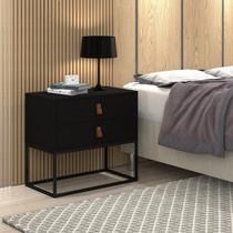 Mesa de Cabeceira Preto Unic 60 Estilo Industrial Puxador de Couro Base Ferro Preto