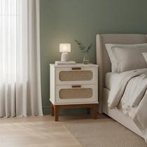 Mesa de Cabeceira Quarto Base Madeira 2 Gavetas 45 Cm Tela Indiana Santorini Off White Mesa de Cabeceira Quarto Base Madeira 2 Gavetas 45 Cm Tela Indiana Santorini Off White