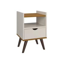 Mesa De Cabeceira Quarto Retrô Pés Palito Com Nicho e 1 Gaveta - Classic Decor - Cor: Off White Com Freijó - Lojas K7