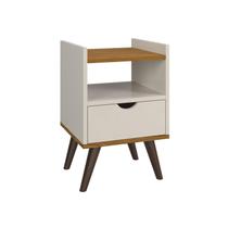Mesa De Cabeceira Quarto Retrô Pés Palito Com Nicho e 1 Gaveta Classic Decor Cores Off White Com Freijó GB Plus