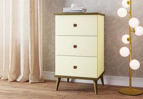 Mesa de Cabeceira Ravi com pés palito 3 gavetas - Perola com Freijó Mesa de Cabeceira Ravi com pés palito 3 gavetas - Perola com Freijó