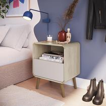 Mesa de Cabeceira Retrô 1 Gaveta Nicho Cantos Arredondados com Pés Palito e Corrediça Telescópica