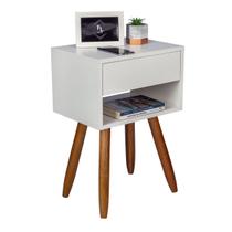 Mesa de Cabeceira Retrô 40cm Off White 1 Gaveta e 1 Nicho Pés Palito Madeira Maciça Lateral da Cama - FL DECOR