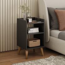 Mesa de Cabeceira Retrô com Pés Palito em Madeira Maciça Prateleiras e Borda Superior Mesa de Cabeceira Retrô com Pés Palito em Madeira Maciça Prateleiras e Borda Superior